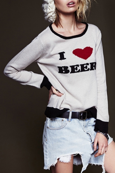 Women's Round Neck Contrast Cuff Letter Embroidery Sweet Pullover Sweater
