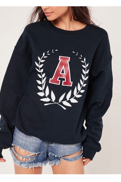 Women's Round Neck Letter A Print Long Sleeve Casual Basic Sports Sweatshirt