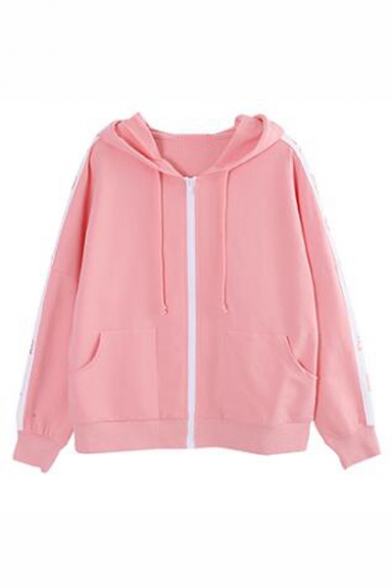 Embroidery Letter Long Sleeve Zipper Placket Drawstring Hooded Coat