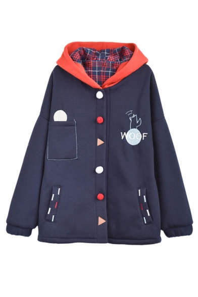 Funny Contrast Hooded Single Breasted Embroidery Pattern Coat
