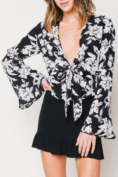 New Arrival Plunge Neck Tie Front Bell Sleeve Floral Print Blouse