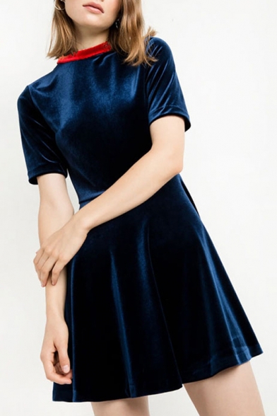 Women's Contrast Round Neck Short Sleeve Mini A-Line Dress