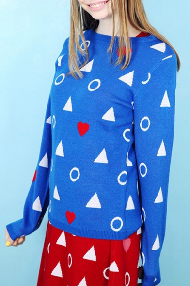 Women's Geometric Pattern Long Sleeve Round Neck Pullover Sweater