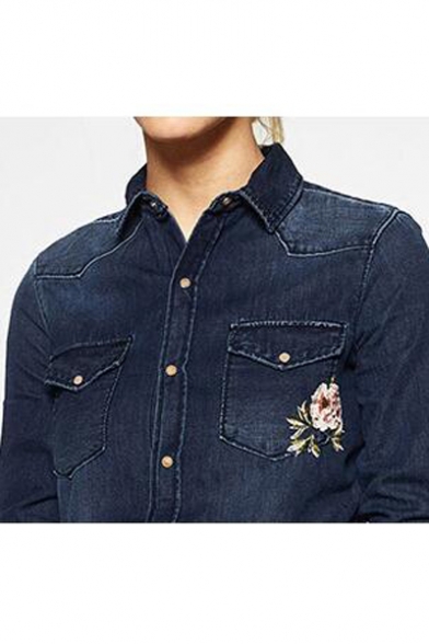 Women's Lapel Single Breasted Long Sleeve Embroidery Floral Denim Button Down Shirt