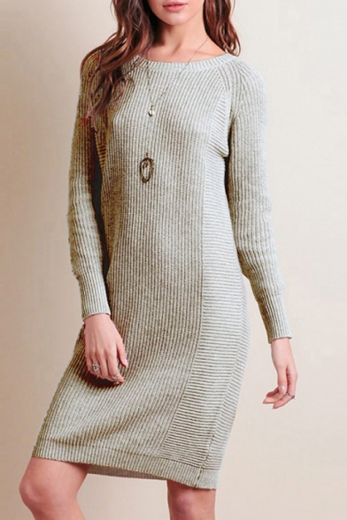 Chic Long Sleeve Round Neck Plain Mini Knitted Dress