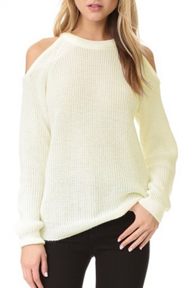 Chic Round Neck Cold Shoulder Raglan Long Sleeve Plain Sweater