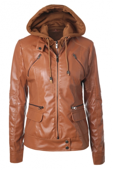 Fashion Detachable Drawstring Hooded Zipper Placket Long Sleeve Plain PU Jacket