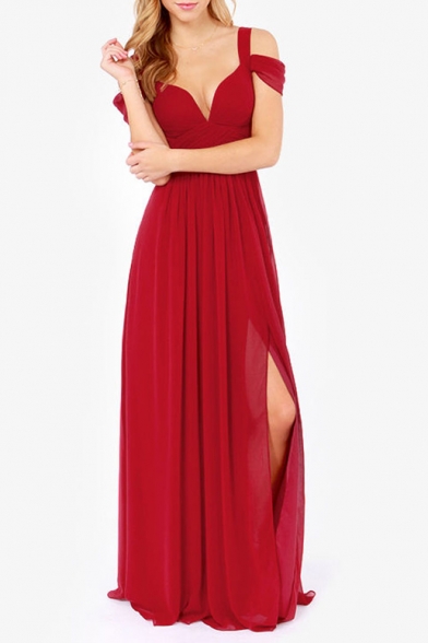 Sexy Elegant Cold Shoulder V-Neck Split Side Plain Maxi Party Dress