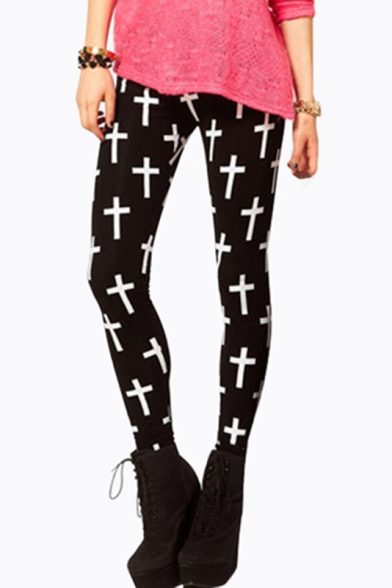 Slim Women's Cross Printed Color Block Skinny Fashion Leggings Pants