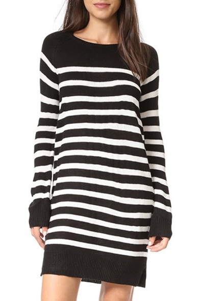 Striped Color Block Round Neck Long Sleeve Mini Knitted Dress