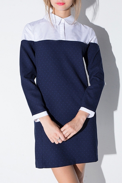 Women's Lapel Collar Long Sleeve Fashion Color Block Shift Mini Dress