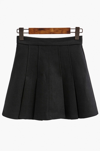Women's Popular Zip-Back High Waist Plain Mini A-Line Pleated Skirt
