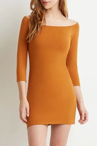 Sexy Off the Shoulder 3/4 Length Sleeve Plain Mini Bodycon Dress