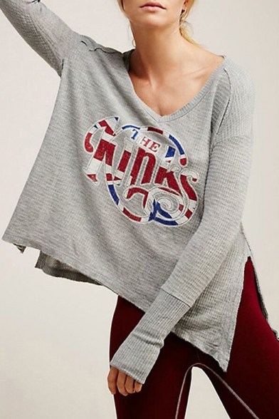 Sexy V-Neck Long Sleeve Printed Split Sides Sweater Top