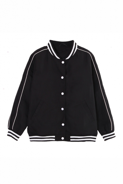 Striped Trim Stand-Up Collar Single Breasted Long Sleeve Bomber Jacket