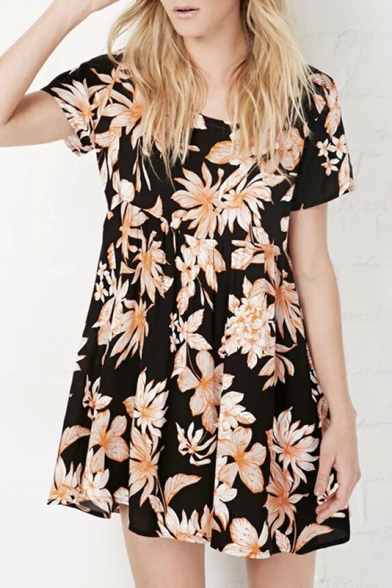 Casual Floral Printed Short Sleeve Round Neck Mini Skater Dress