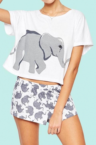Cute Elephant Printed Round Neck Short Sleeve Cropped Tee Top