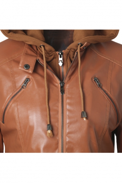 Fashion Detachable Drawstring Hooded Zipper Placket Long Sleeve Plain PU Jacket