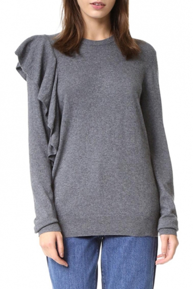 Fashionable Ruffle Long Sleeve Round Neck Plain Sweater