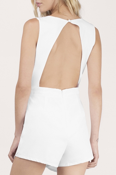 Sexy Chic Plunge V-Neck Cutout Back Sleeveless Plain Rompers
