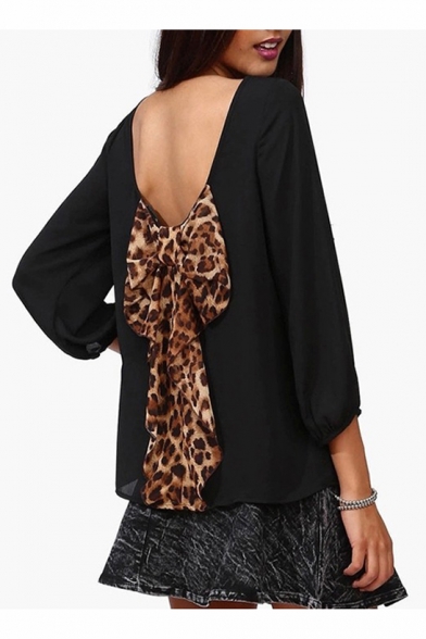 Sexy Leopard Bow Printed V-Back 3/4 Length Sleeve Blouse Top