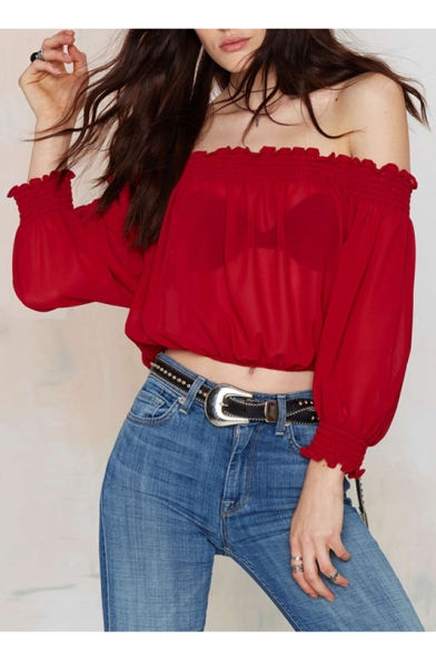 Sexy Off the Shoulder Long Sleeve Elastic Cuffs Plain Cropped Blouse