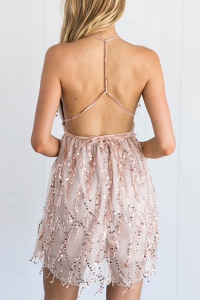 Sexy Open Back Sequined Plunge V-Neck Sleeveless Mini Cami Dress