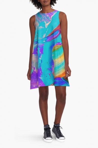 Women's 3D Printed Sleeveless Boat Neck Color Block Mini A-Line Dress