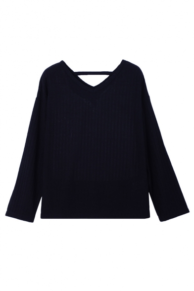 Women's Basic V-Neck Long Sleeve Plain Knit Loose Fashion Sweater
