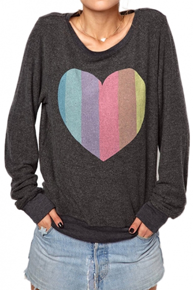 Women's Colorful Heart Printed Round Neck Long Sleeve Pullover Sweatshirt