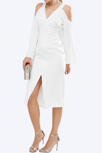 Women's Fashion V-Neck Cold Shoulder V Back Long Sleeve Slit Front Midi Dress