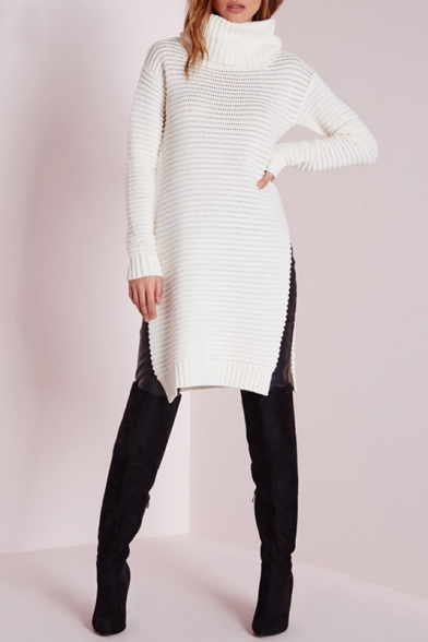 Women's Fashion Winter Turtle Neck Long Sleeve BF Style Knit Sweater Dress with Side Slit