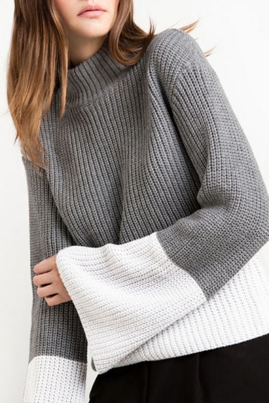 Women's Half High Neck Bell Split Long Sleeve Color Block Sweater