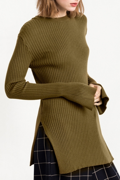 Women's Plain Bell Long Sleeve Split Sides Tunic Sweater