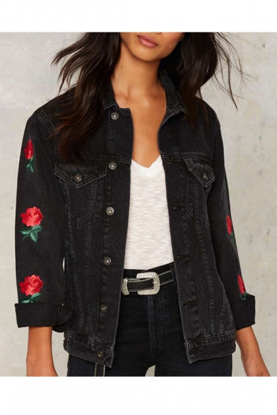 Women's Single Breasted Embroidery Floral Pattern Long Sleeve Denim Coat