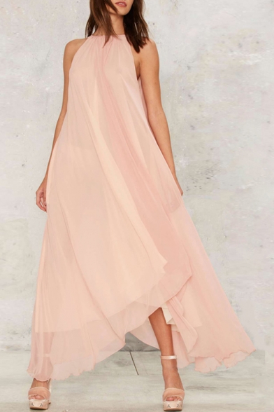 High Neck Asymmetric Hem Belt Plain Maxi Dresses