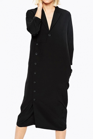 New Stylish Plunge V-Neck Single Breasted Long Sleeve Plain Midi Dress