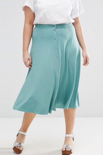 Oversized Single Breasted Plain Midi A-Line Skirt