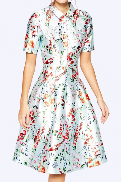 Women's Elegant Lapel Collar Short Sleeve Floral Print Midi Flare Dress