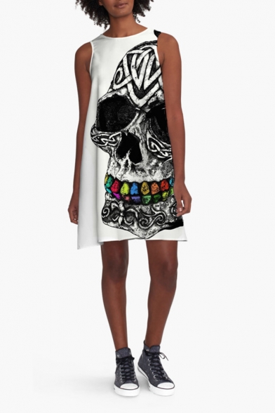 Women's Fashion Round Neck Sleeveless Skull Print Casual Loose Mini Swing Tank Dress
