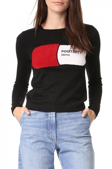 Contrast Embroidery Pattern Round Neck Long Sleeve Pullover Sweater