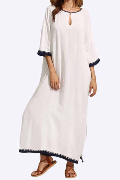Fashion Round Neck Half Sleeve Tassel Split Sides Maxi Dress