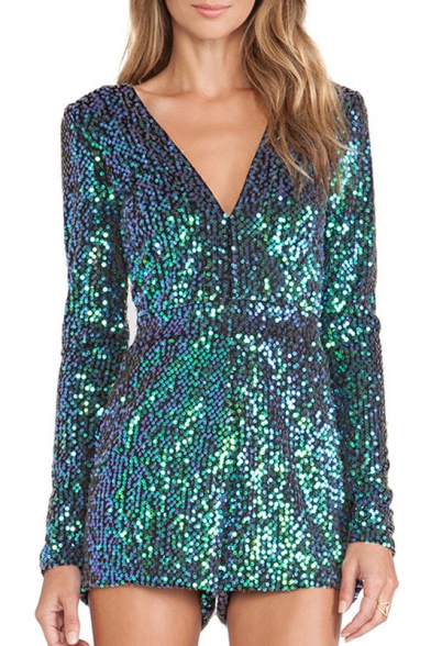 New Stylish Sexy Sequined Plunge V-Neck Long Sleeve Rompers