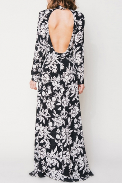 Sexy Open-Back Split Sides Floral Printed Color Block Maxi Dress