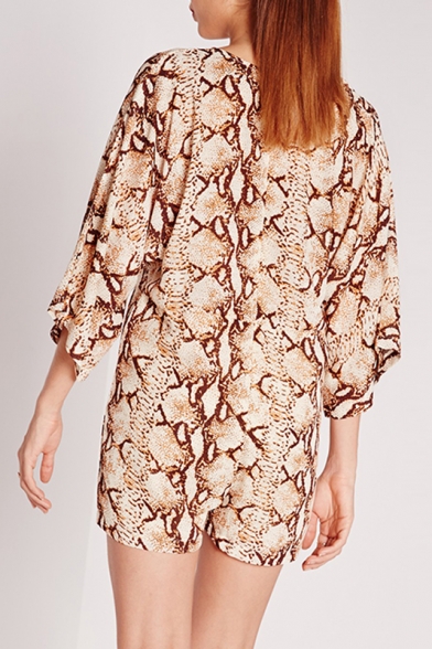 Sexy Plunge V-Neck 3/4 Length Sleeve Snake Printed Rompers
