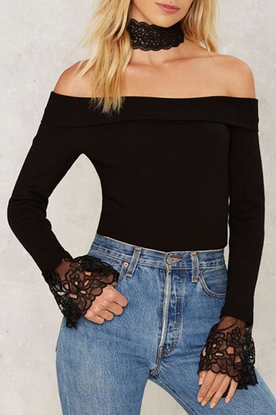 Sexy Women's Off the Shoulder Lace Cuffs Patchwork Pullover Sweater