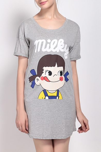 Women's Cute Cartoon Print Round Neck Short Sleeve Basic Mini T-Shirt Dress