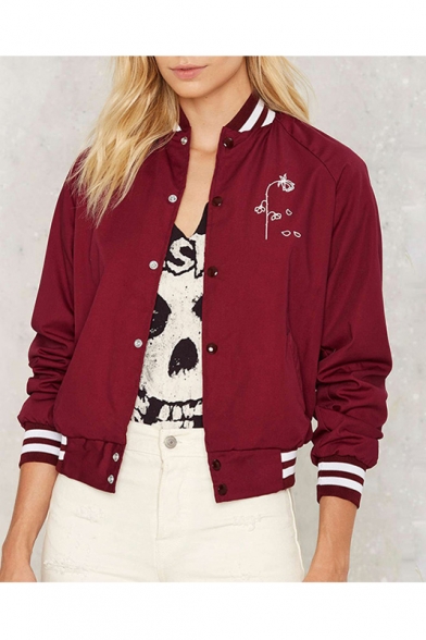 Boyfriend Style Single Breasted Stand-Up Collar Letter Floral Print in Back Bomber Jacket