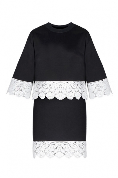 Chic 3/4 Length Sleeve Lace Patchwork Round Neck Tee with One Bodycon Skirt