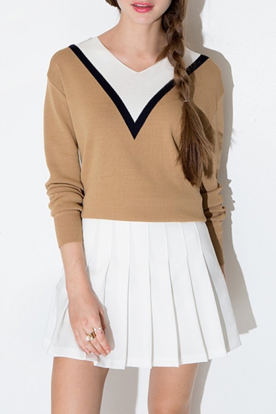 Chic Contrast V-Neck Long Sleeve Color Block Pullover Sweater